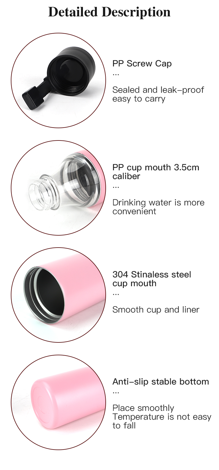 Double Wall Stainless Steel Cup Water Bottle Thermos Vacuum Tea Flask Two Lid