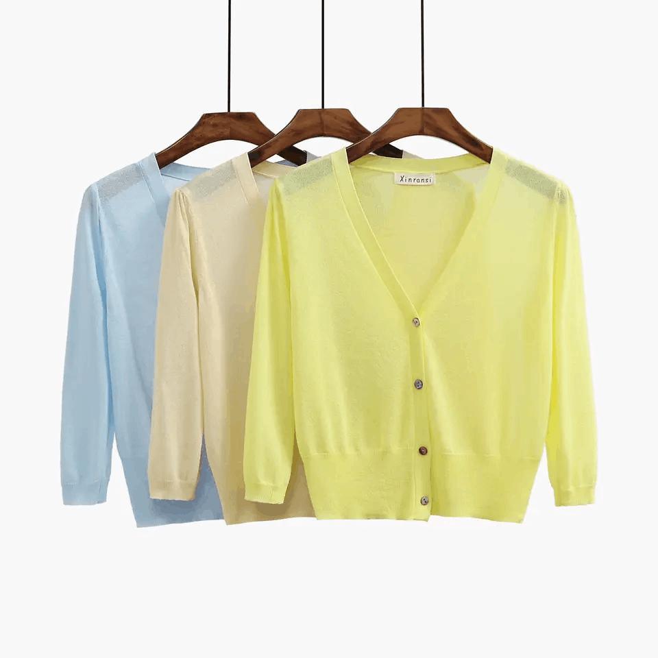 Women&prime;s Summer Knitwear Thin Cardigan Ice Silk Seven-Point Sleeve with Candy-Colored Sunblock Coat for Women