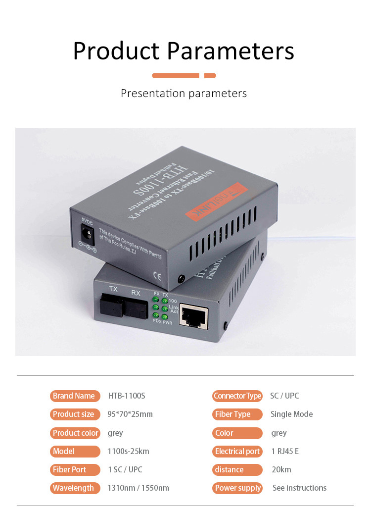SM / MM HTB 1100S Media Converter Single Mode 25km SC 10/100 Base