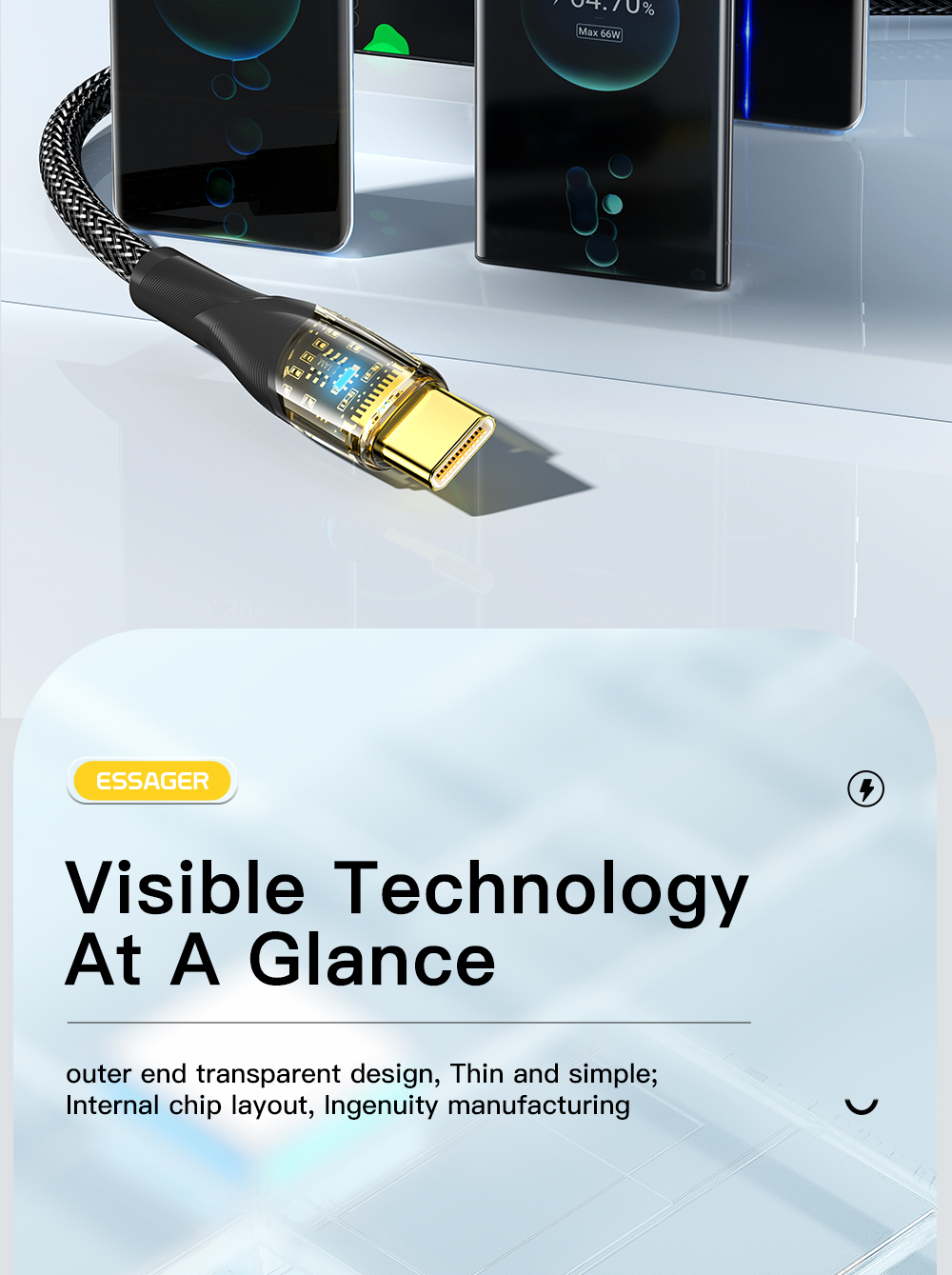 PVC Phone USB A To C Cable Transparent 100W 7A 480Mbps