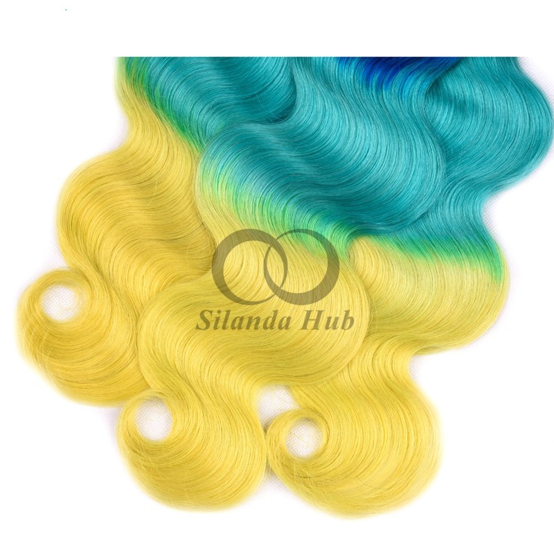 Blue/Light Blue/Yellow Body Wave Remy Human Hair Bundles Sew In Weave Bundles Brazilian Bundle Deals