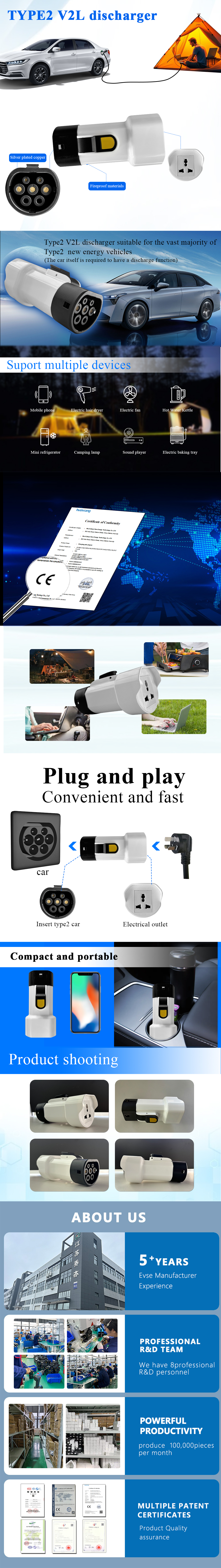 AC Home Charging V2L Discharger For Type2 Car Discharge EV Cable Adapter in White for Electric Vehicles