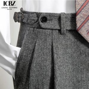 Quality Customizable Logo Men's Gray Tweed Herringbone Wool Trousers for Business and Casual Wear wholesale