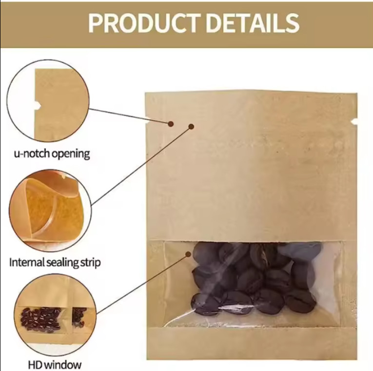 Small Resealable Three Side Seal White Brown Kraft Paper Bags Zipper Pouches With Clear Window