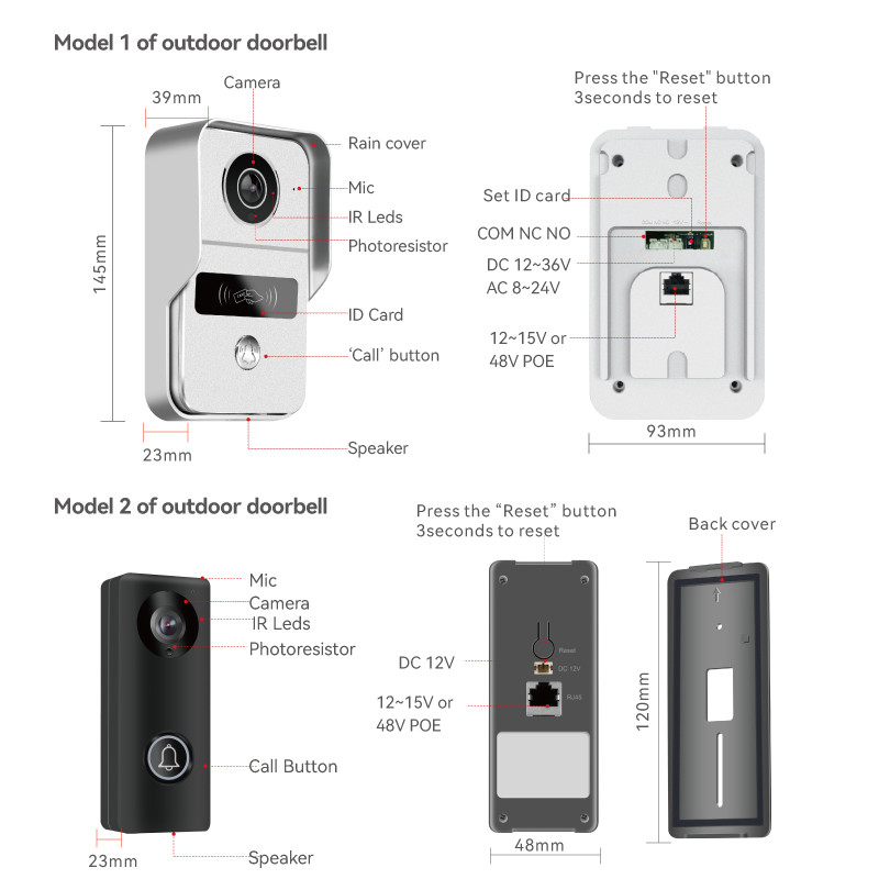 Wireless 1080p Wifi Video Doorbell 7 Inch Entry Wired Camera Night Vision