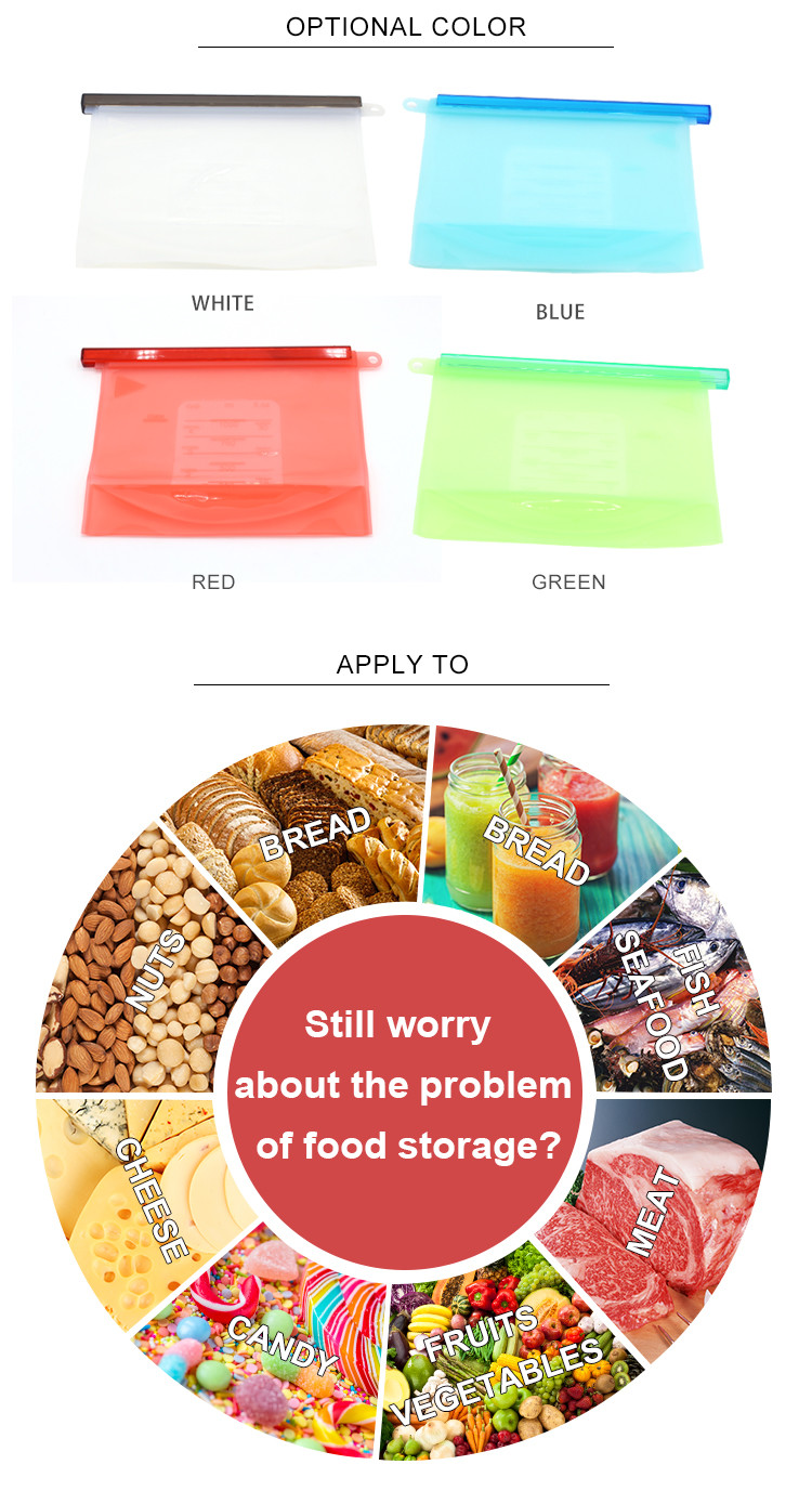 4 Colors BPA Free Reusable Silicone Food Preservation Bag 1500ML