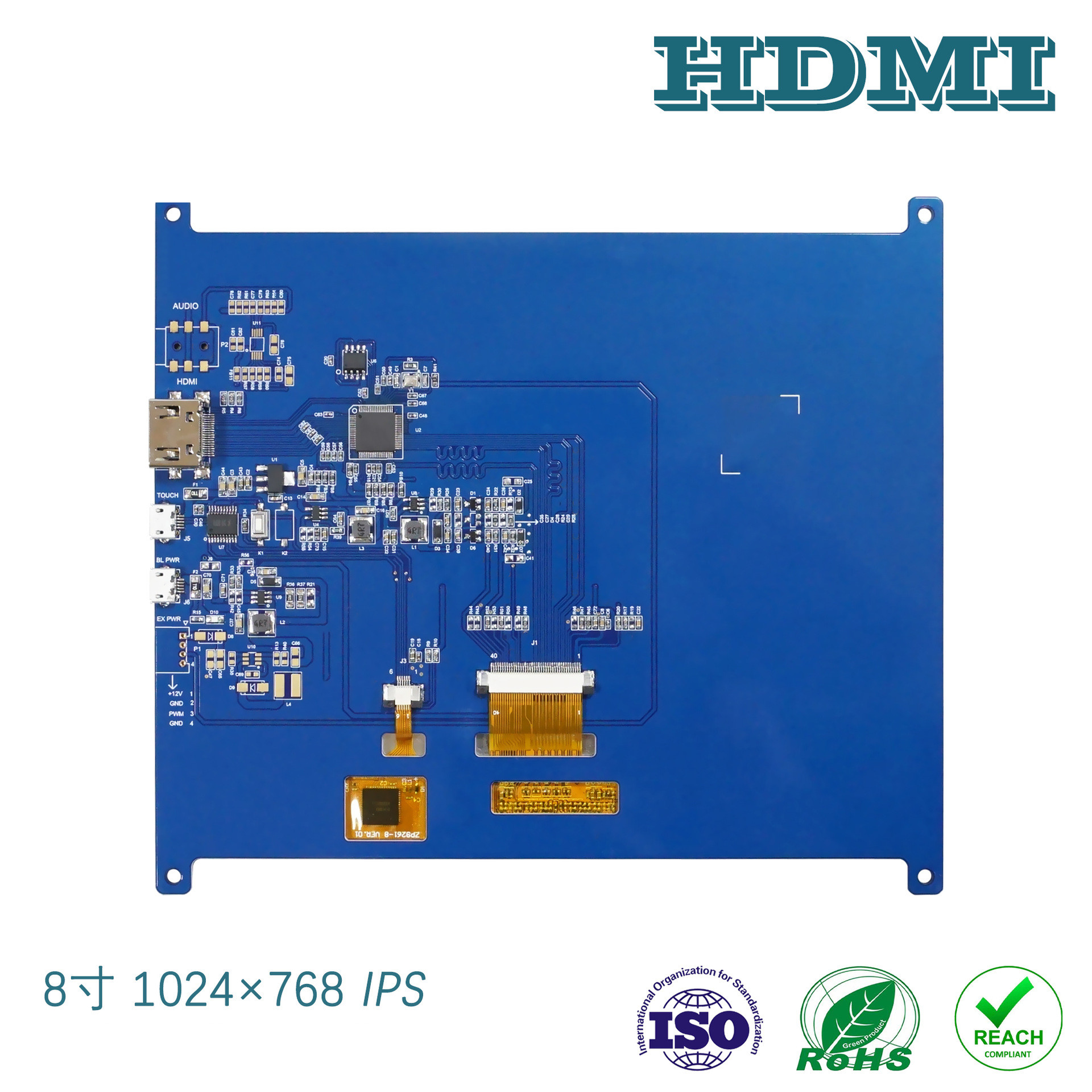 8 Inch TFT Display Module, With PCBA And Touch Panel, 1024X768 HDMI Interface 750c/D