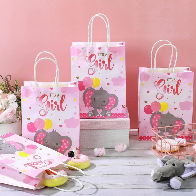Custom Colorful Cartoon Animal Child Toy Pink Girl Kraft Paper Bag for Baby Shower