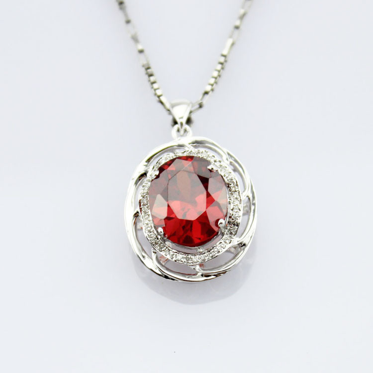 Women Fashion Oval Garnet Cubic Zirconia Pendant 925 Sterling Silver Jewelry (P21)