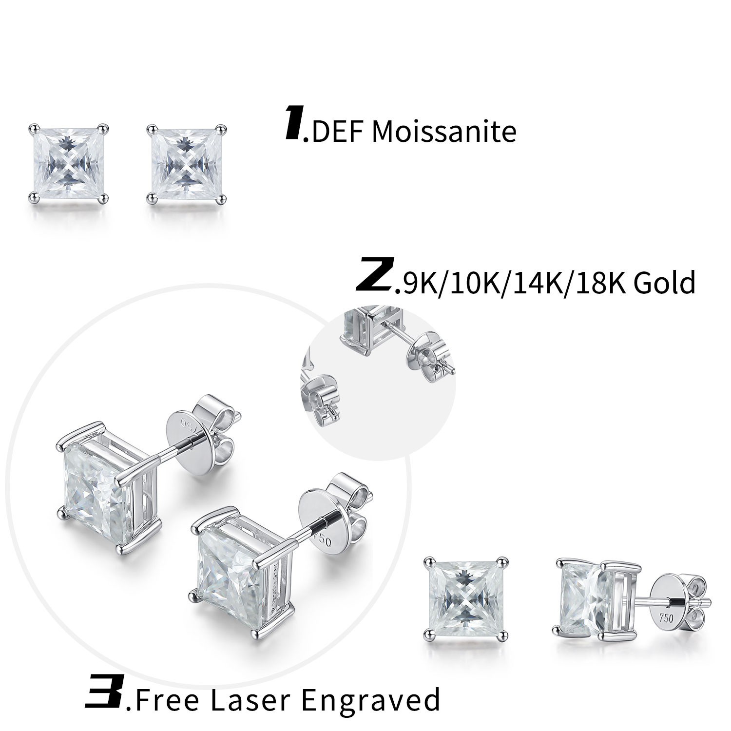 Cubic 18K Gold Moissanite Diamond Stud Earrings For Birthday Gift