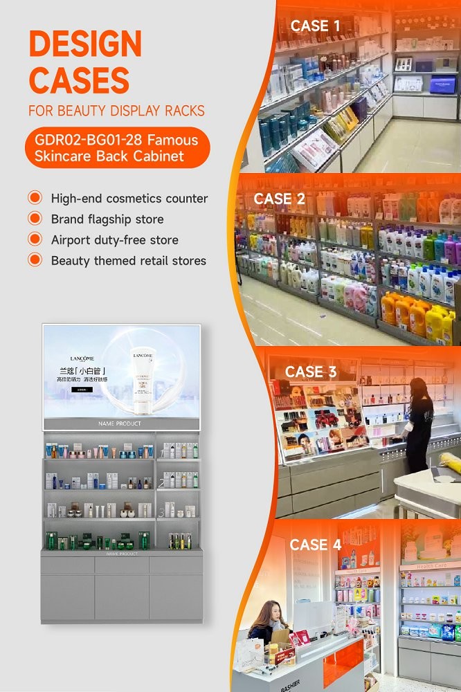 GDR02-BG01-28 Skincare Display Cabinet with 60mm Soft Film Light Box and Flash Silver Wallpaper for Fashion Boutiques