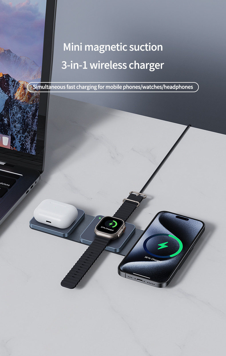 Magnetic Foldable 3-in-1 Travel Wireless Charger For Apple Devices