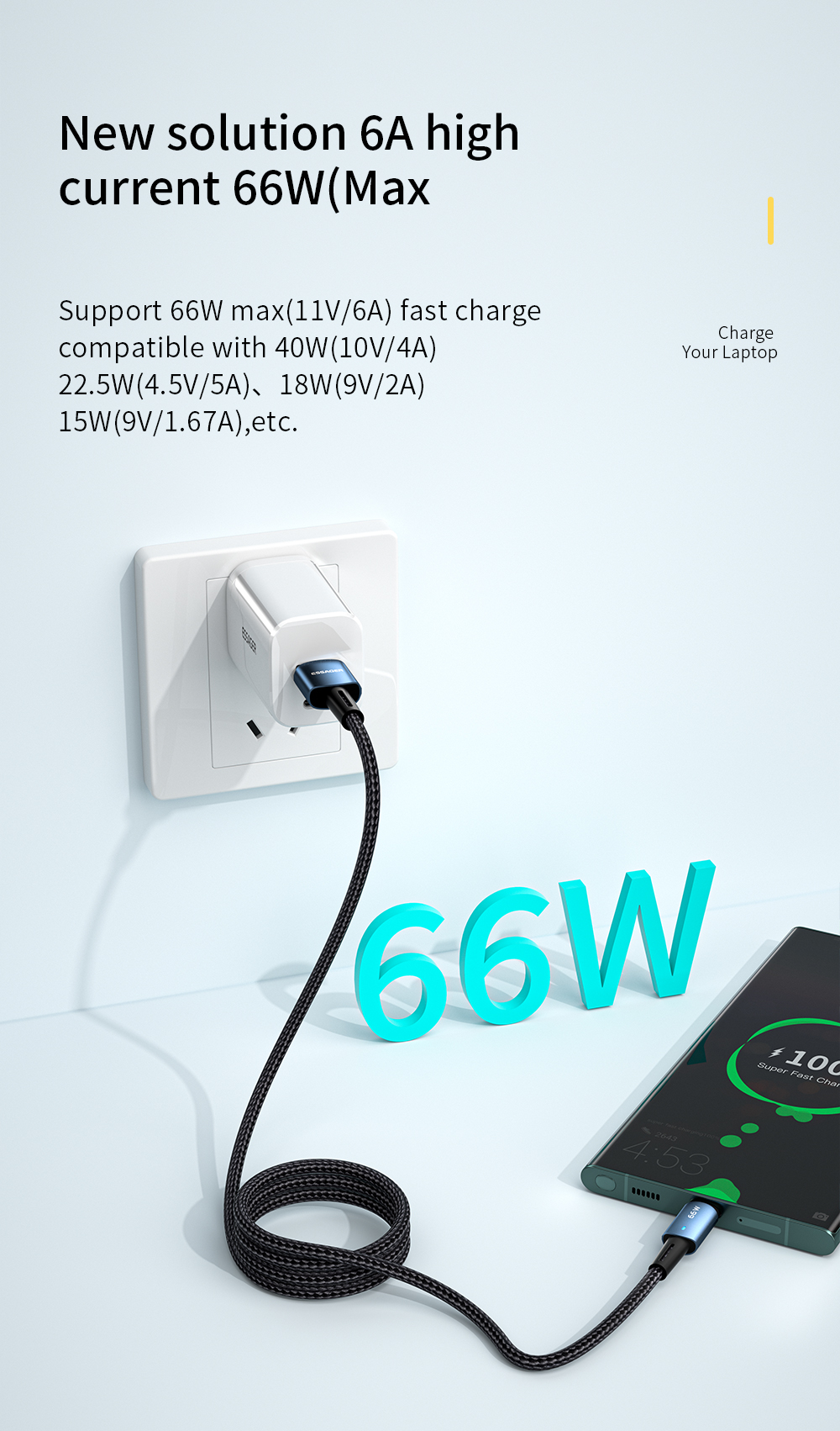 Essager Sunset Super Charge USB A To C Data Cable USB2.0 6A PD 66W