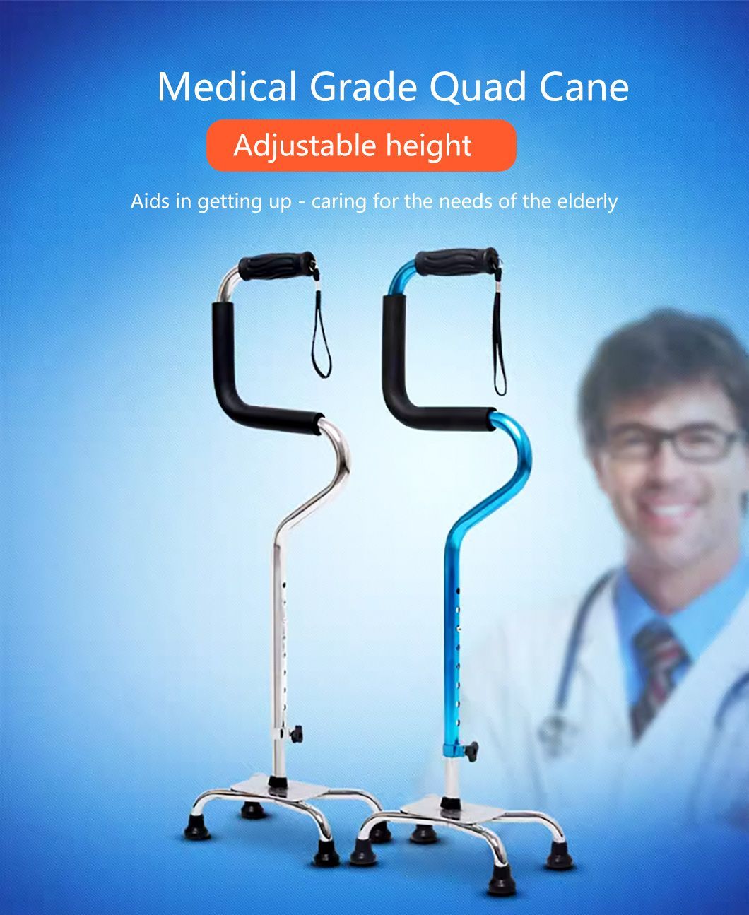 Adjustable Aluminium Walking Stick Handle-Bar Bend Four Legs Holder Bent Rehab Therapy Cane Four Legs Holder Adjustable