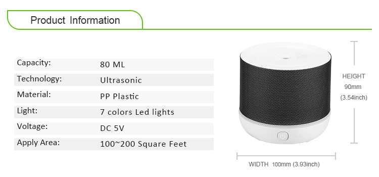 PP Plastic LED Lights 2W 80ml Ultrasonic Aroma Diffuser