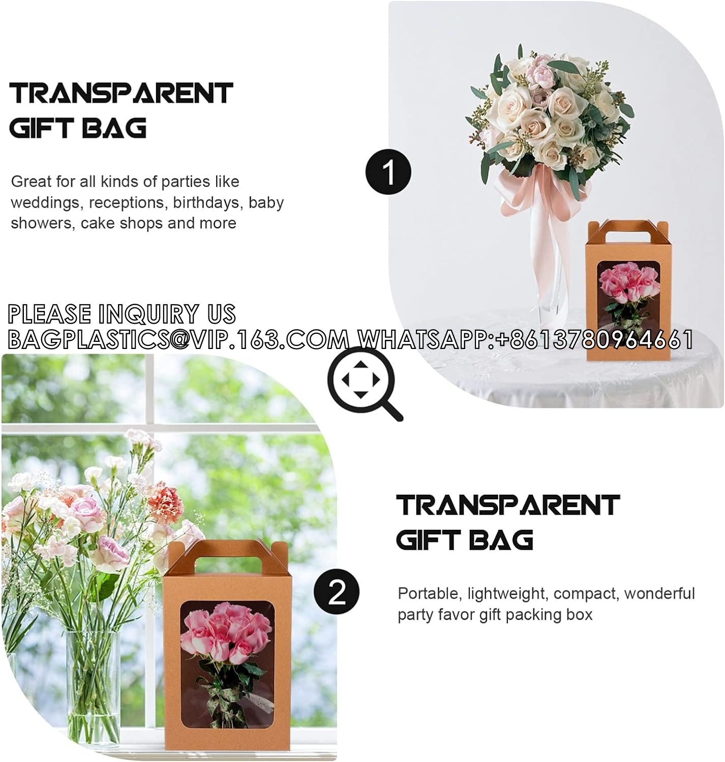 Flower Bouquet Paper Gift Bags With Handles, Wedding Party Bags Window Box Gift Wrapping Bags Small Cake Boxes Bakery
