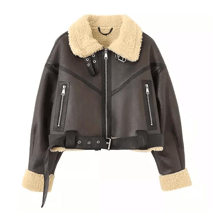 Custom Cropped Leather Jacket Vintage Women&prime;s Motor Jackets Brand Quality Sherpa Warm Bomber Coat for Women Winter