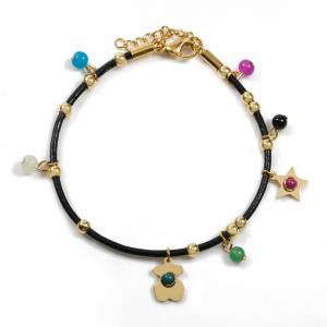 Quality Black Leather Cord Gold Or Silver Stainless Steel Jewellry / Charm Bracelets For Girls wholesale
