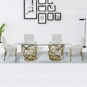 Quality Oval Shape Tempered Glass Dining Table 240x120x75cm White Reeded Pillar wholesale