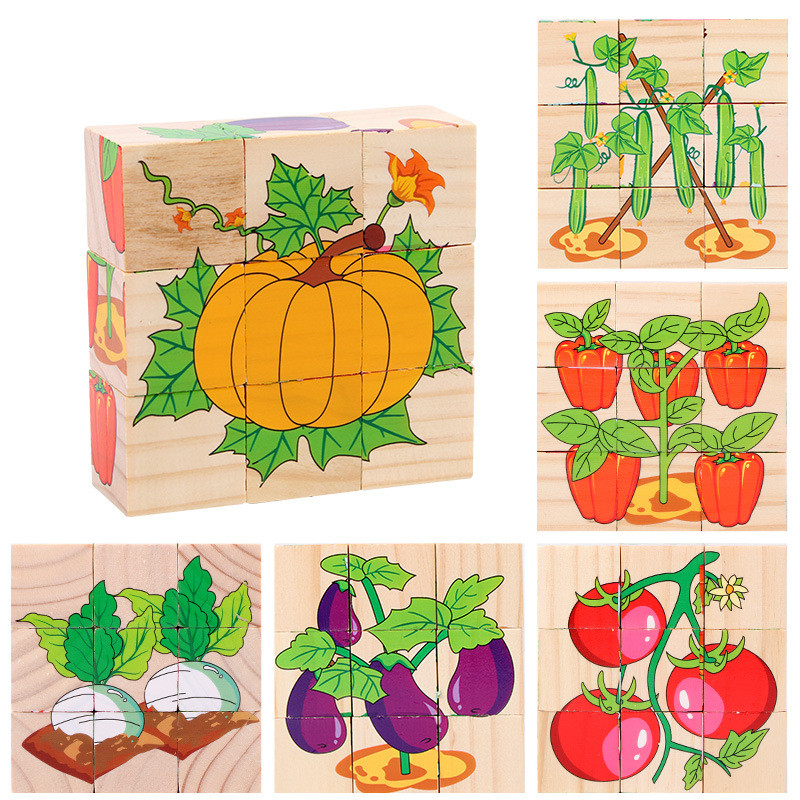 Baby Wooden Block Toys Animal Fruit Early Learning Six Side 3D Cube Jigsaw