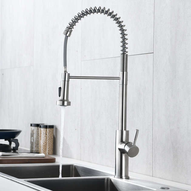 Single Lever Coil Spring High Arc Kitchen Faucet With Sprayer Brushed Nickel