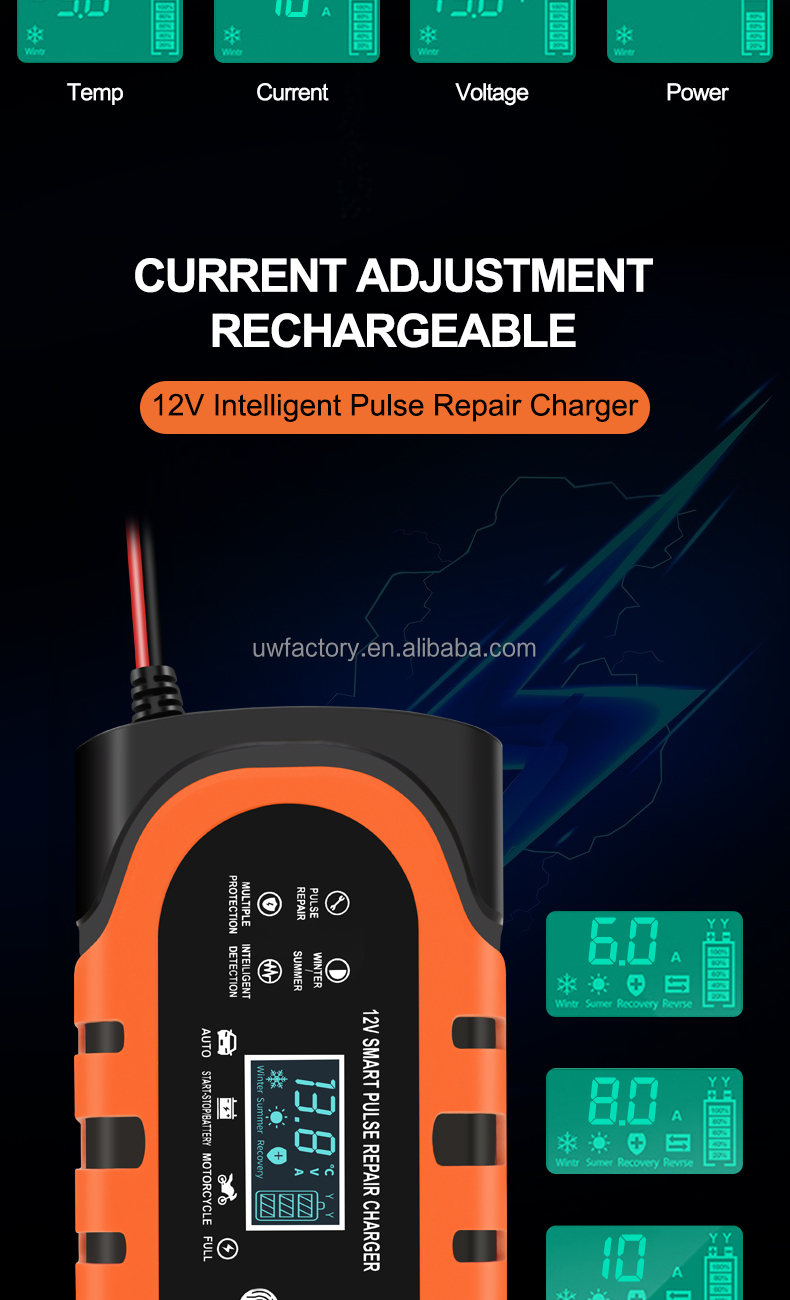 Portable LCD Display 12V/1.25A Automatic Identification Smart Fast Charge Car Battery Charger for Motorcycle Lead-Acid