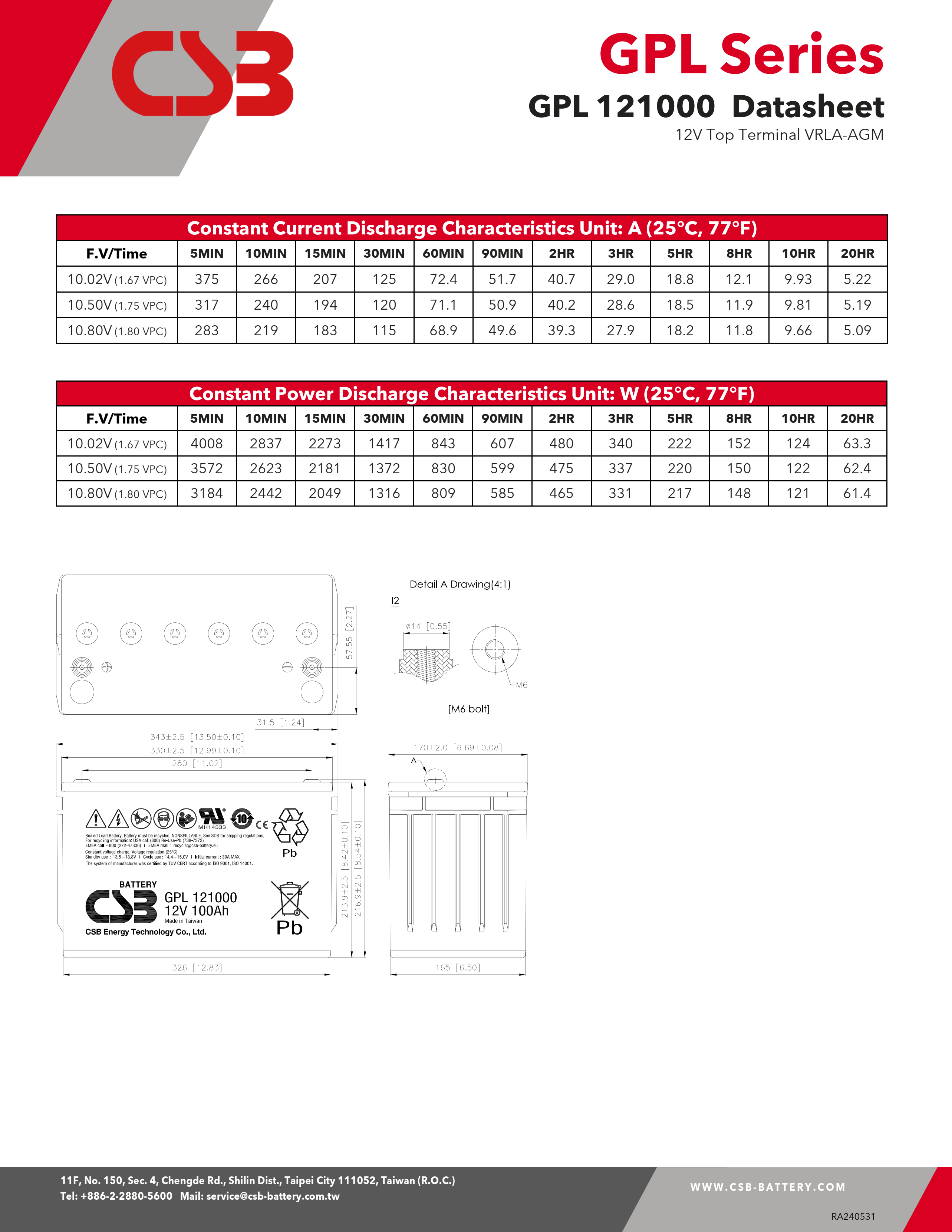 12V 100Ah CSB GPL121000 Maintenance-Free Sealed Lead-Acid Battery for Long-lasting