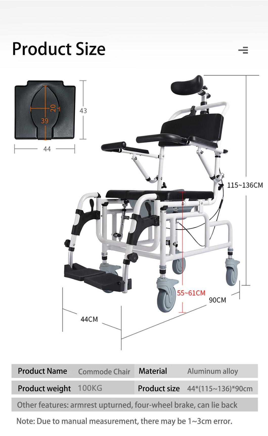 Bathroom Chair Patient Transfer Shower Blow Molding Hospital Toilet Portable Aluminum Commode Wheelchair for Disabled
