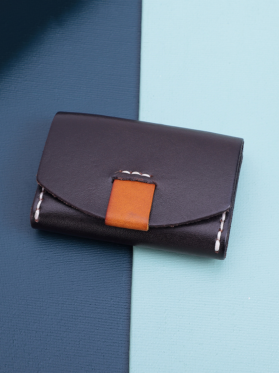 Vegetable Tanned Leather Short ID Card Holder for Cowhide Change Coin and Open Closure