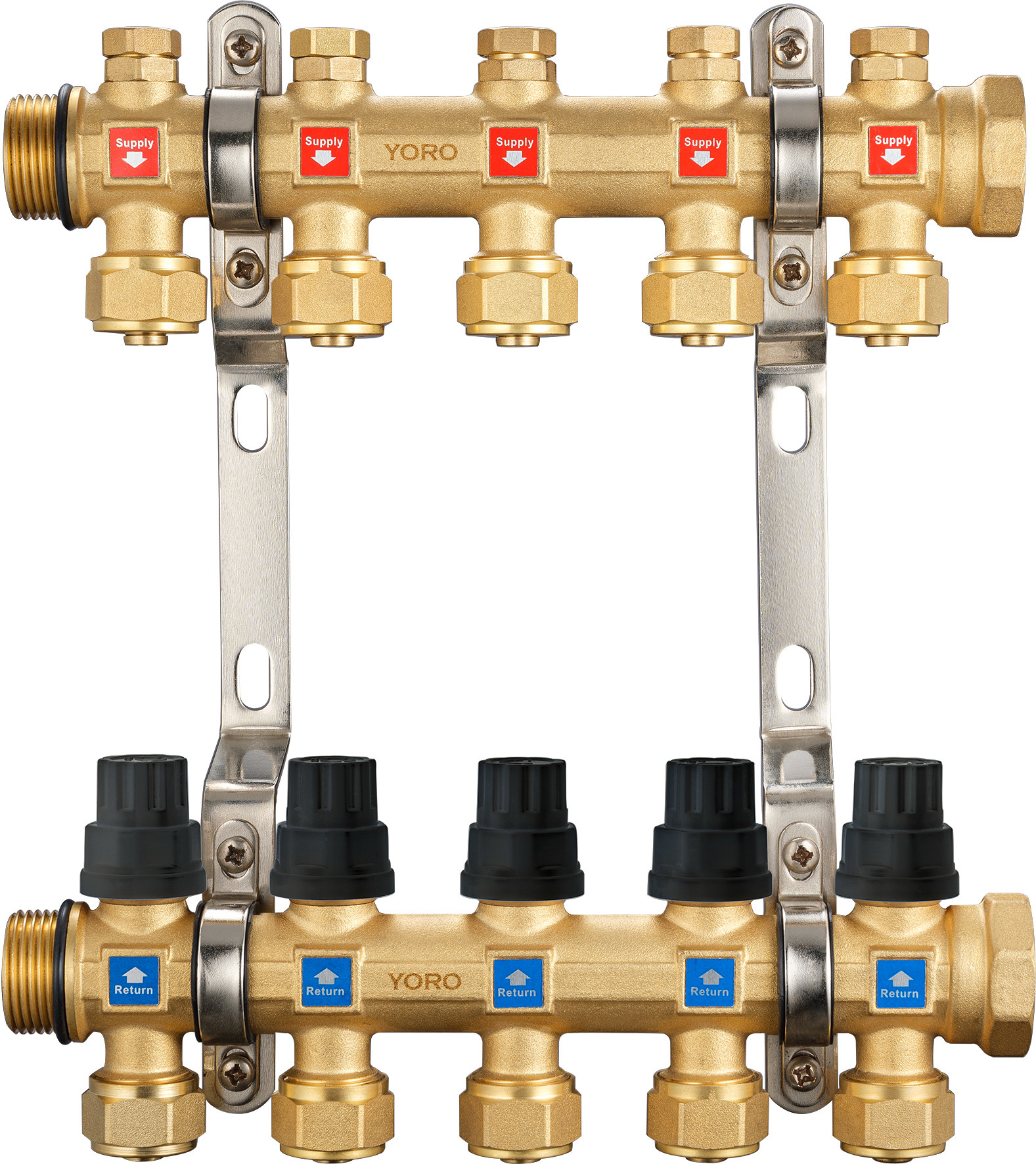 6211 Hot Forged Brass Water Distribution Manifolds 50mm Branch Spacing with Concealed Supply Flowrate Tuners + Seal Caps