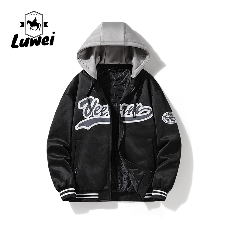 Fashion Hip Hop Streetwear Outdoor Embroidery Utility Motorcycle College Hooded Baseball Men Jacket with Custom Logo