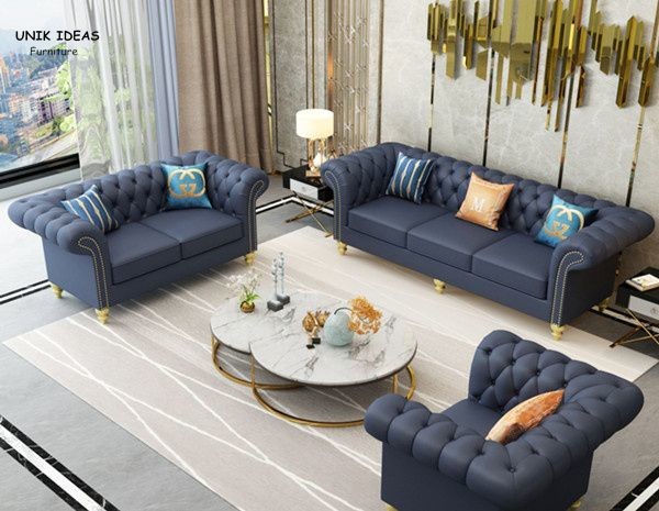 Contemporary Black Blue Leather Sectional Sofa Living Room Leather With Ottoman
