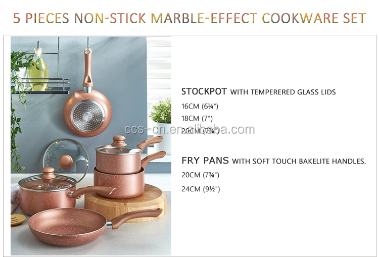 5 Pieces Marble Effect Die Cast Aluminum Non Stick Rose Pink Gold Cookware Sets Nonstick Round Fry Pans And Stockpot Set