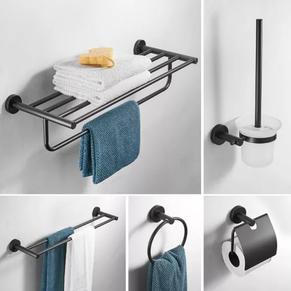 Modern Design Decor Stainless Steel Black Wall Mount Towel Rack Toilet Holder Bathroom Accessories Set Organizer
