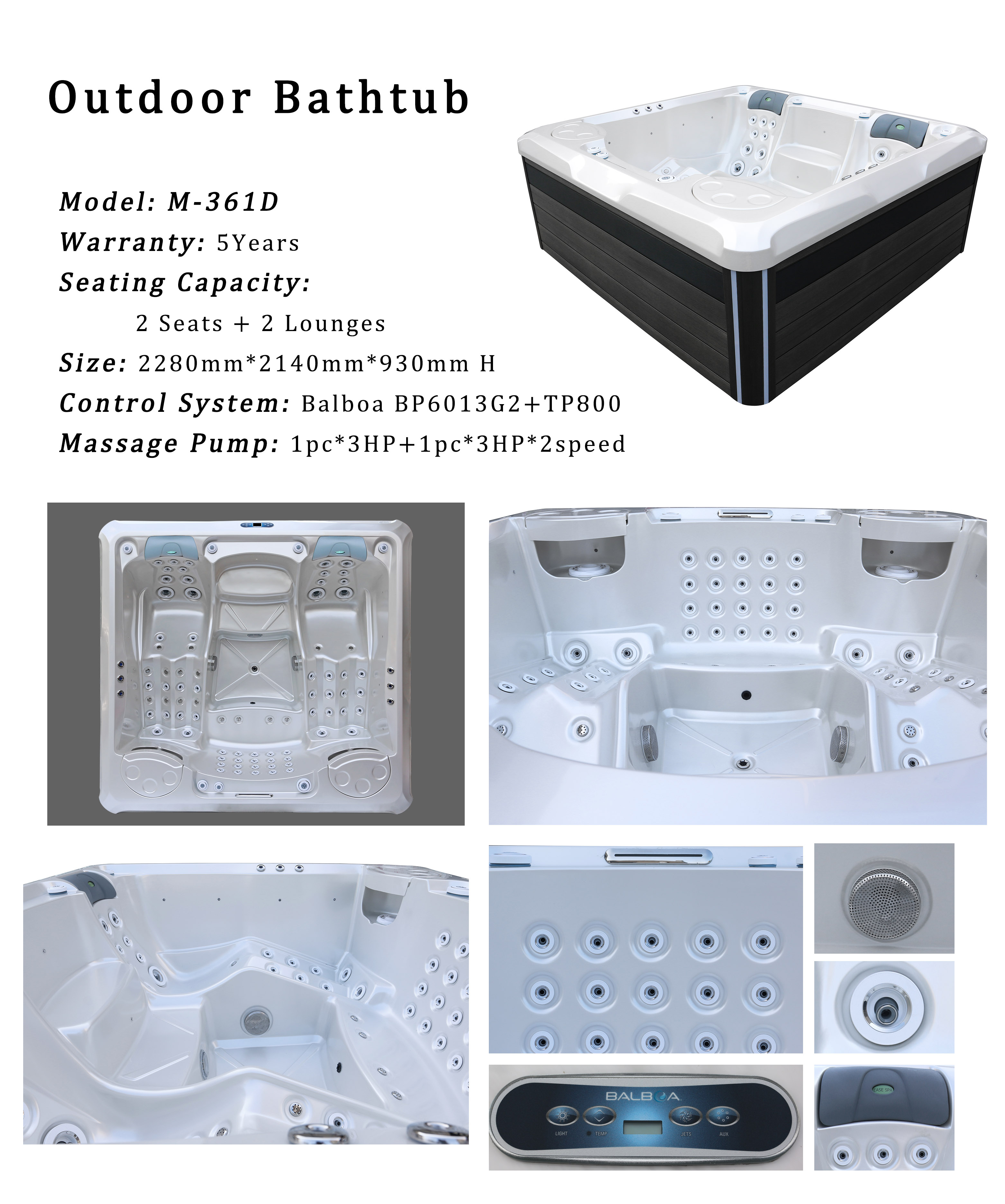 M-361D American Aristech Acrylic Outdoor Whirlpool Spa Tub Jacuzzzi for 4 Persons