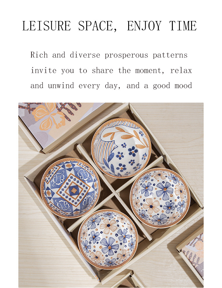 Exquisite Bohemian Design Ceramic Bowl Set of 4 in Gift Box with Plate and Chopsticks
