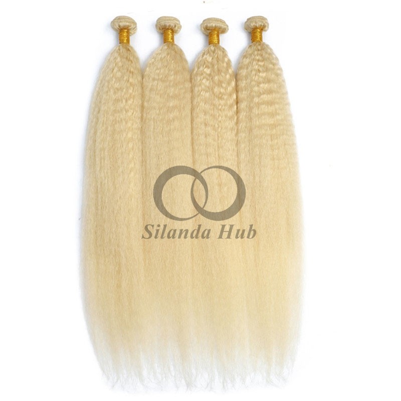 #613 Bleached Blonde Kinky Straight Remy Human Hair Bundles Sew In Weave Bundles Brazilian Bundle Deals