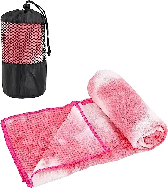 Custom Suede Microfiber Non Slip Foldable Yoga Towel Silicone Grip Nubs With Zipped Corner
