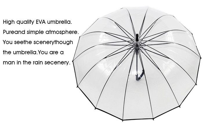 Unisex Long Handle Transparent Rain Umbrella 16K POE Full Black Metal Frame