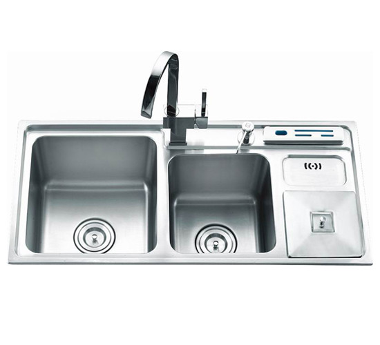 0.9mm Drop In Stainless Steel Double Bowl Sink With Knife Shelf Rubbish Bin