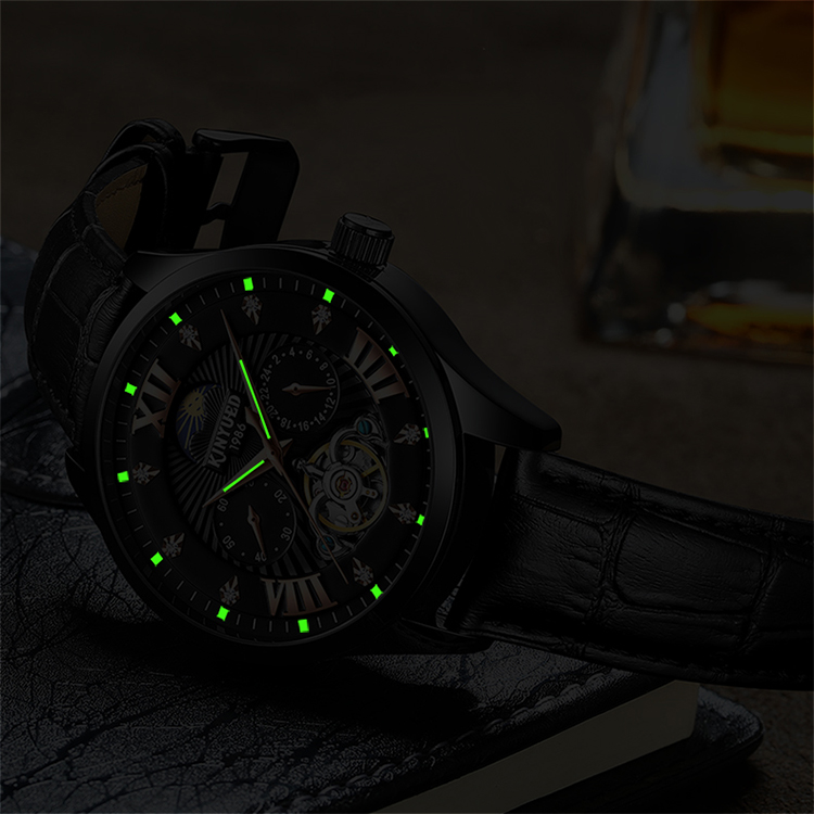 Brand KINYUED Mechanical mens watch luxury luminous moon phase skeleton watch automatic mechanical watch