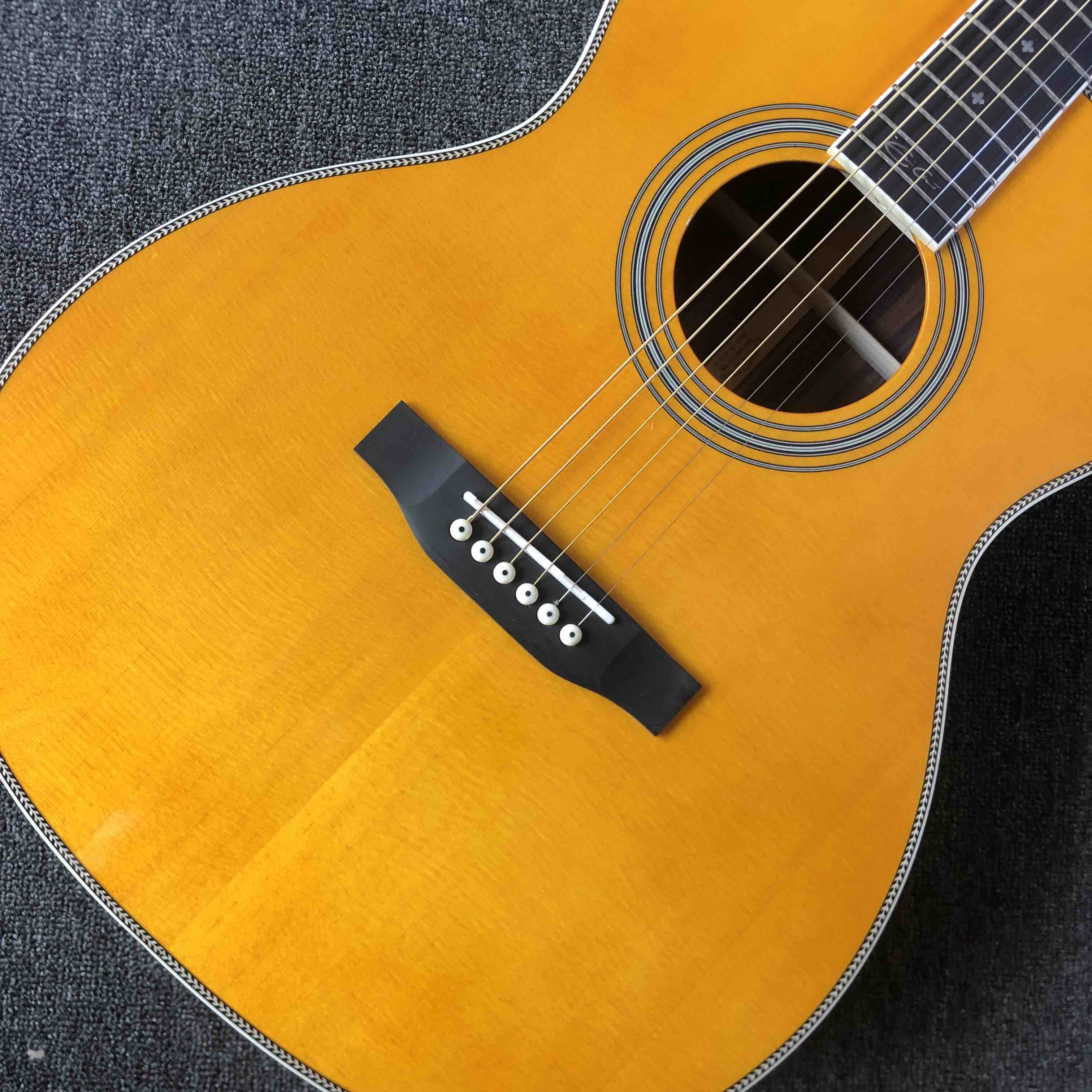 Custom acoustic electric guitar OM body round body solid top guitar rosewood fingerboard mahogany back side with EQ