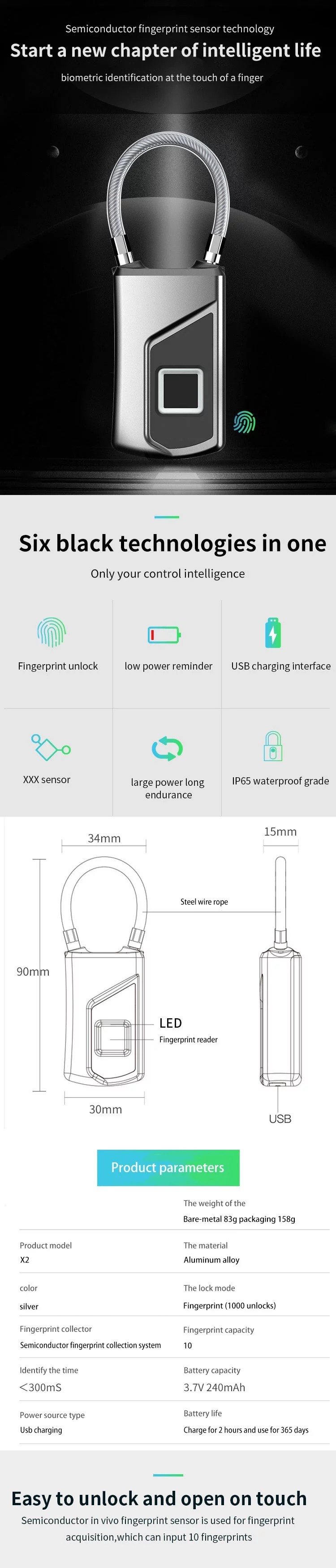 Fingerprint Electronic Keyless Bluetooth Smart Padlock Locks