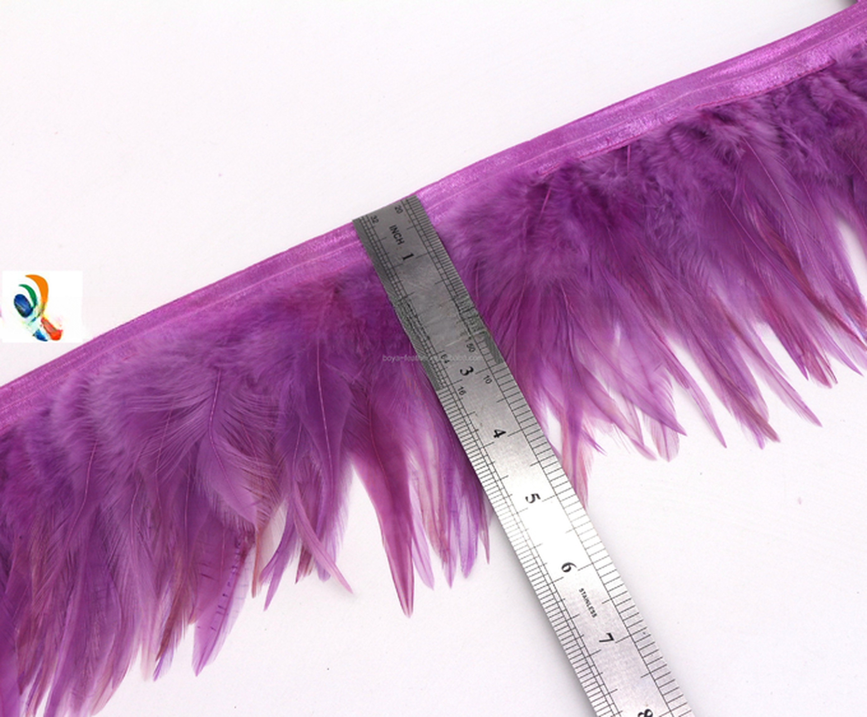 Stretch Saddle Hackle Feather Fringe Trimming with Satin Ribbon Tapes in Dyed Pattern