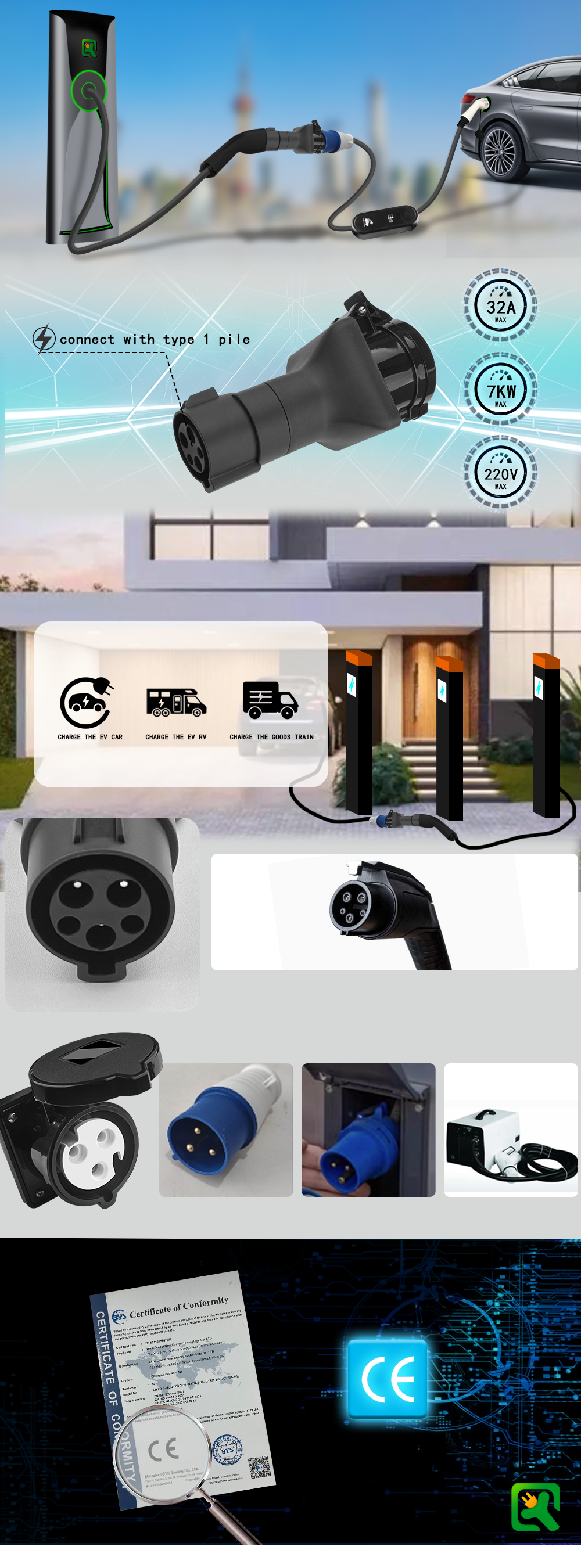16A/32A Type 1 Adapter Convenient Charging for Electric Vehicles at 7KW Charging Pile Station