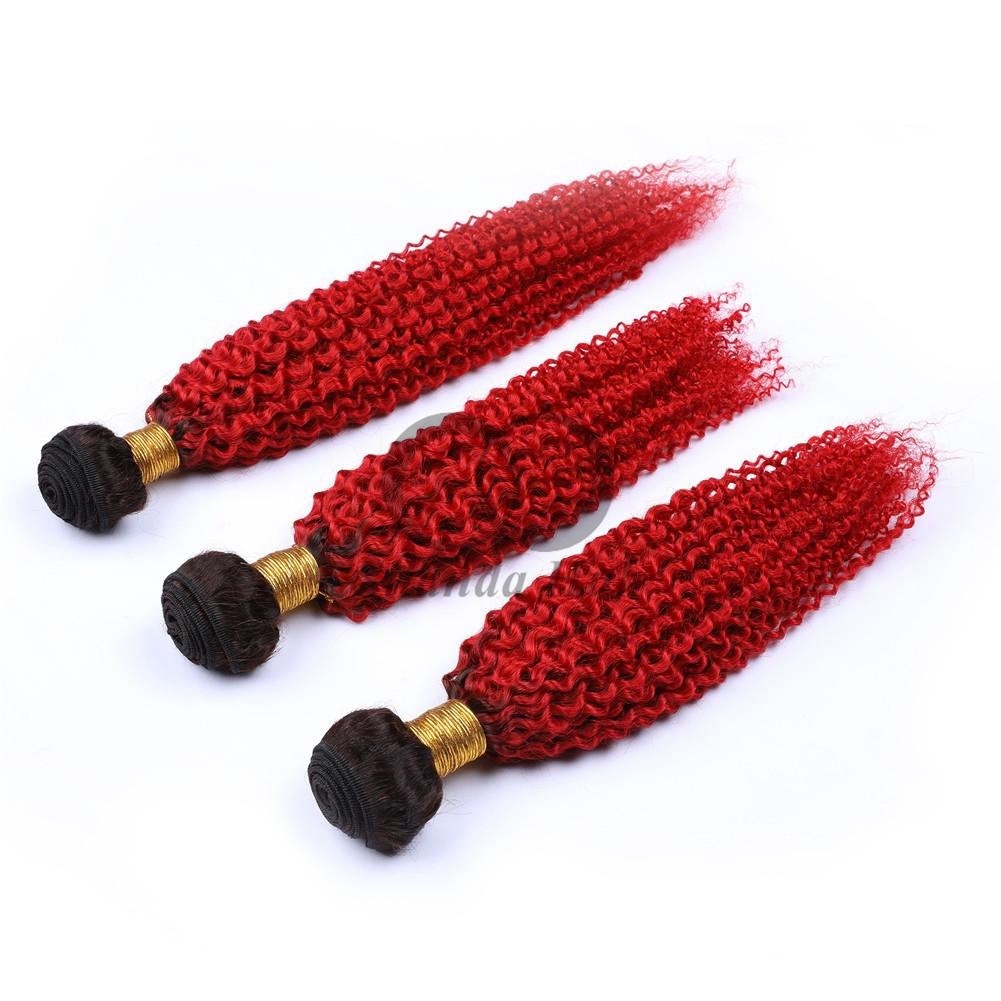 #T1B/Red Kinky Curly Remy Human Hair Bundles Sew In Weave Bundles Brazilian Bundle Deals