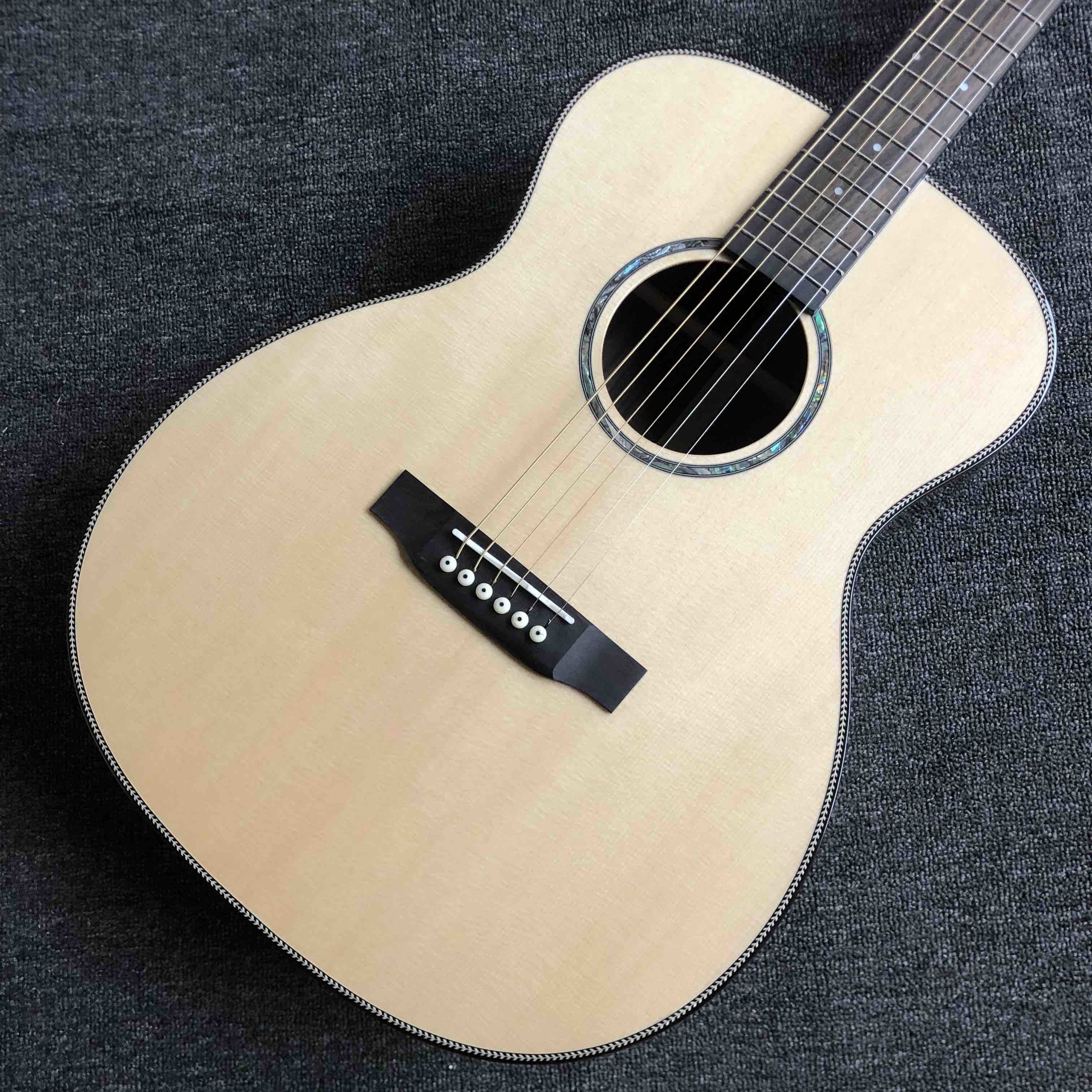 Custom AAAA All Solid Spruce Wood OM Style Body Ebony Fingerboard Fishbone Binding Acoustic Guitar