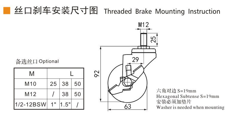 EDL Light Duty 2.5inch 80kg Threaded TPU Caster by Swivel and Brake type 3625S-76