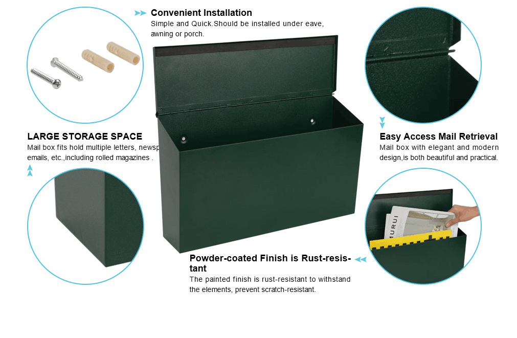 Professional Medium Capacity Heavy Duty Steel Black Wall Mount Mailbox 0.8mm Thick