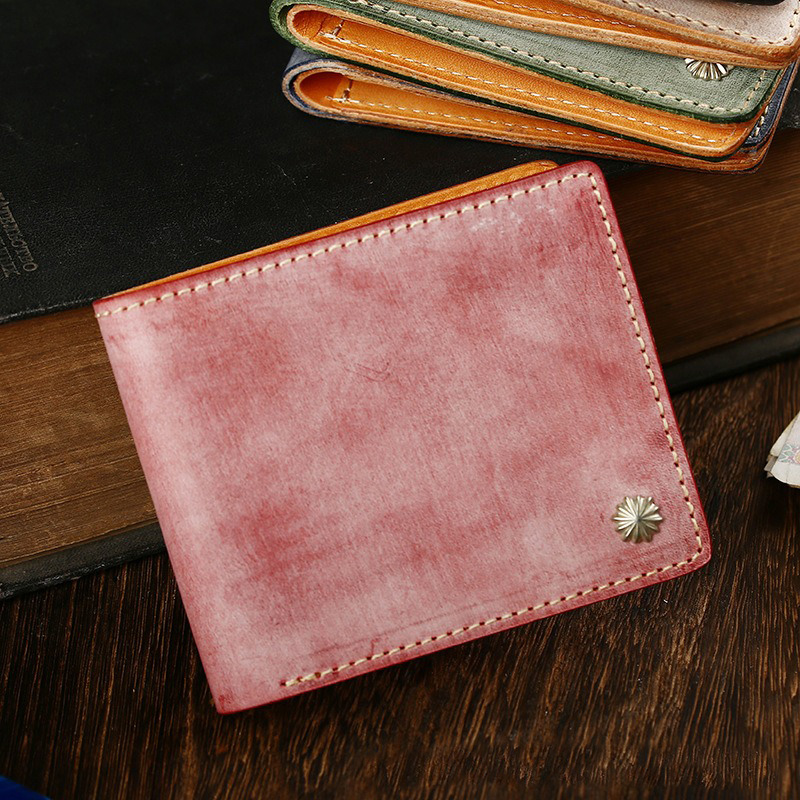 Simple Short Wallet in Vegetable Tanned Leather with Silver Nails and Matt Wax Finish